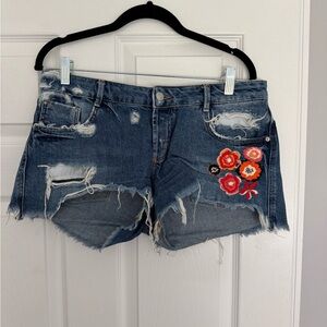 Zara Blue Distressed Jean Shorts with Colorful Embroidery
